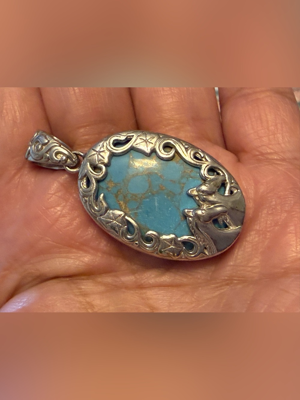 Silvertone Turquoise Oval Pendant - Blue Stone